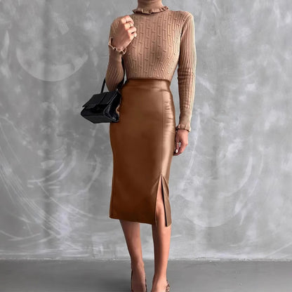High waist leather skirt on mannequin, focusing on solid color elegance and temperament style perfect for professional wardrobes.