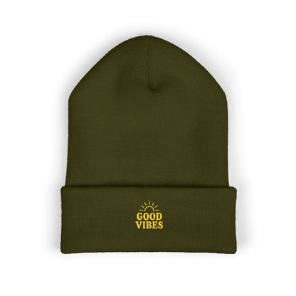 Olive green cuffed beanie with yellow Good Vibes embroidery