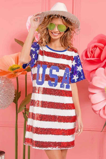 USA Flag Sequin Dress - Patriotic Sparkle for July 4th