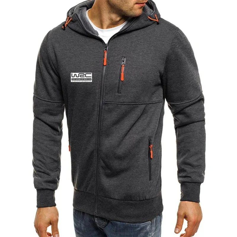 Indoor Pose with Zipper Open on Premium Men's WRC Hoodie Gear