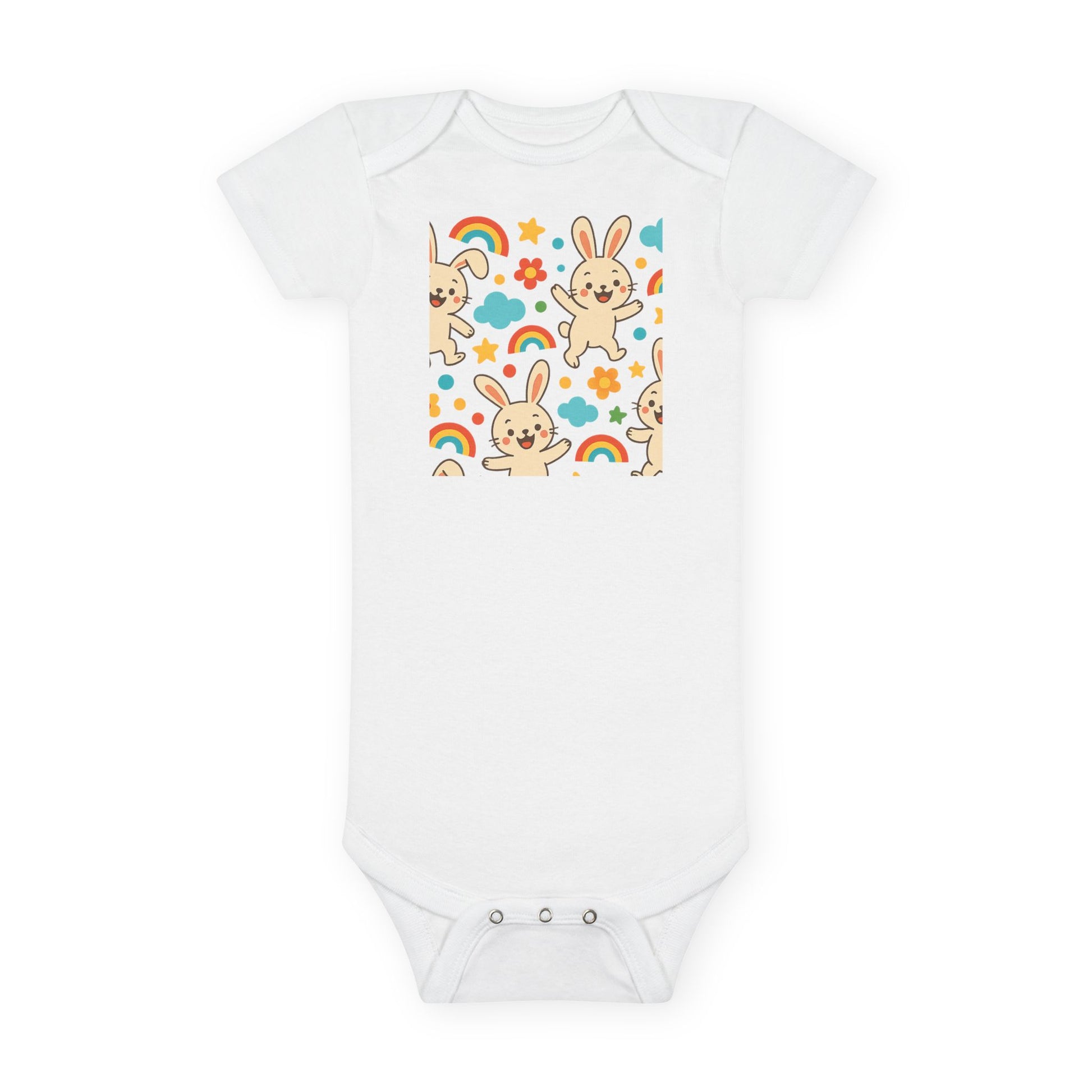 Spring baby photo outfit with cute bunny baby onesie design in pastel tones

