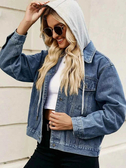 Woman’s Drawstring Hooded Button-Up Denim Jacket
