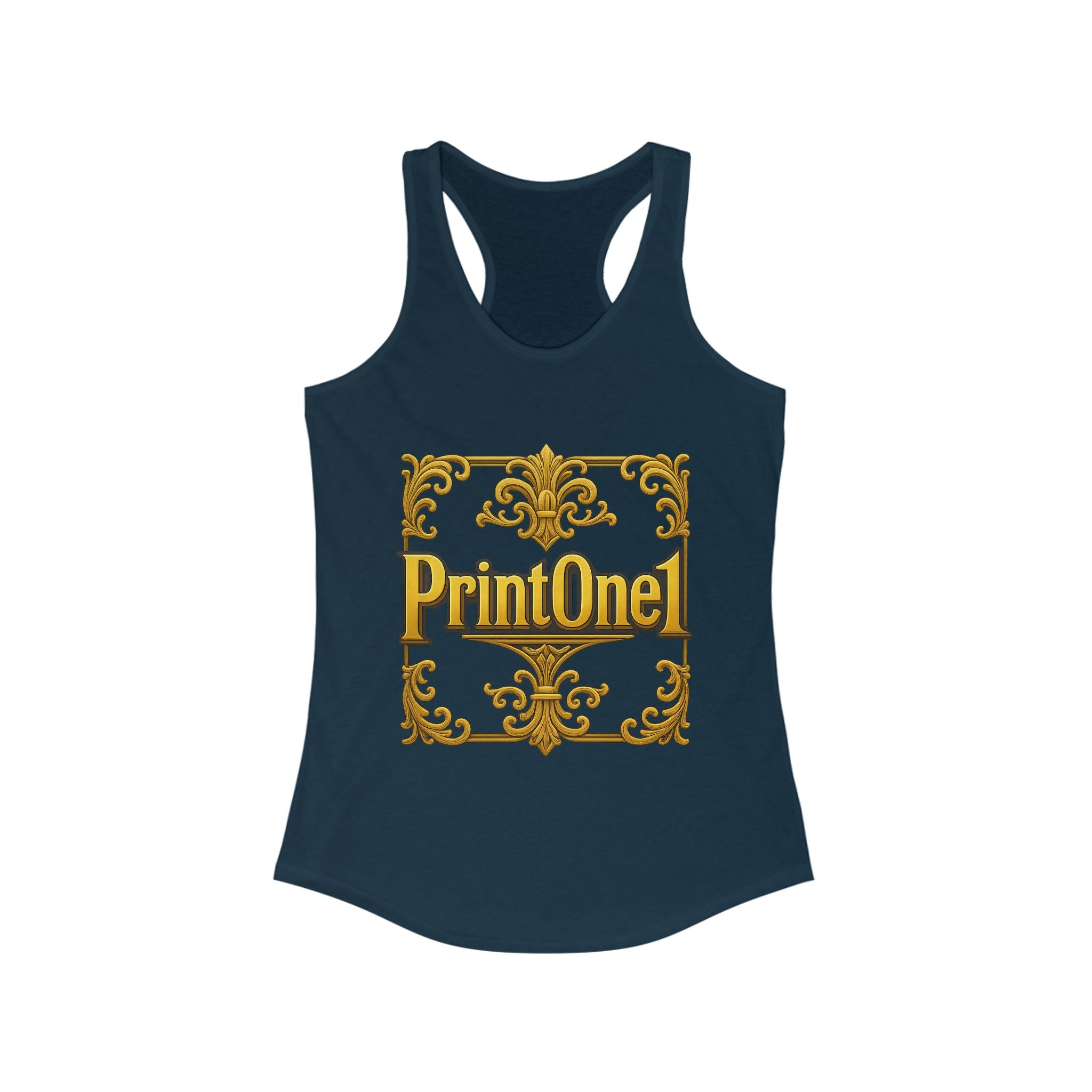 Lifestyle image of women's racerback tank top from PrintOne1, ideal for gym or casual days.

