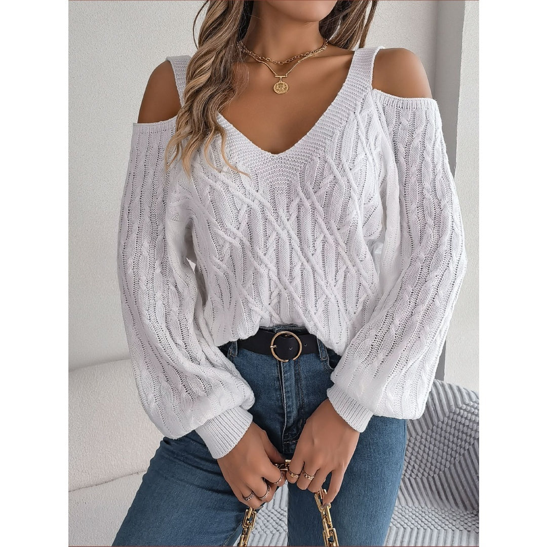 Light Blue Off-Shoulder Lantern Sleeve Sweater – Twist Design Adds Playful Flair to Winter Layers 