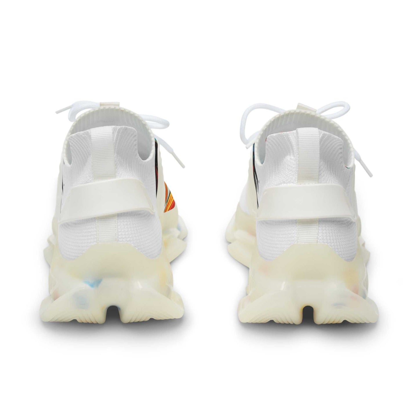 Rear view of white men's mesh sneakers with vibrant print