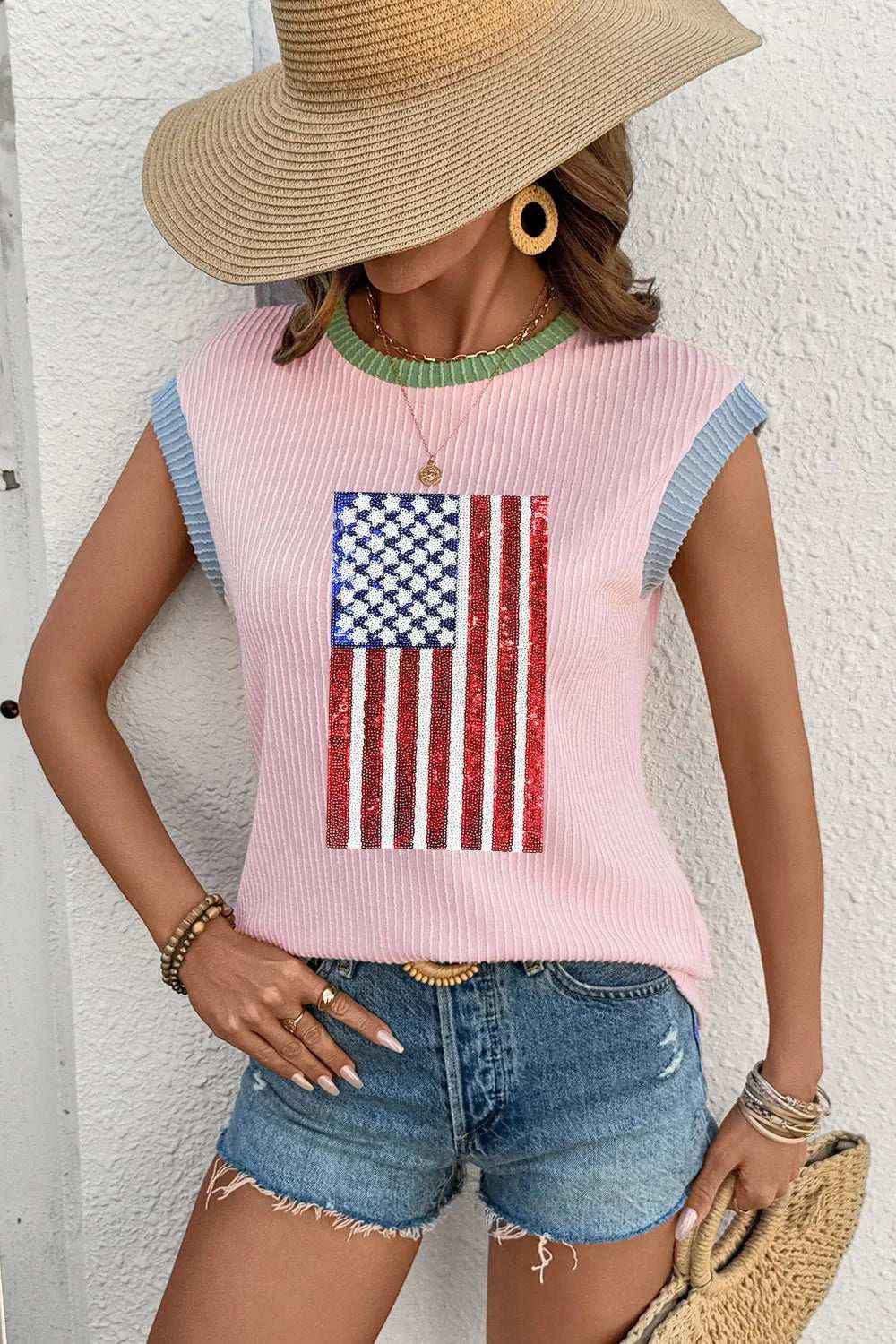 Sequin American Flag Tee for Women – Shine with Style
