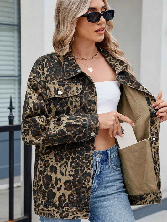 Leopard Print Oversized Denim Jacket for Women