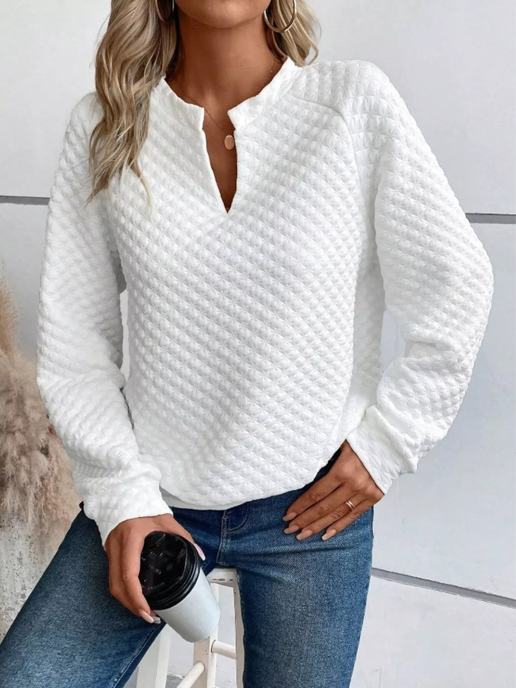 Women’s Textured Long-Sleeve Notched Sweatshirt
