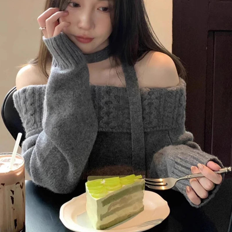 Long Sleeve Casual Jumper: Off-Shoulder Style in Deep Navy Blue