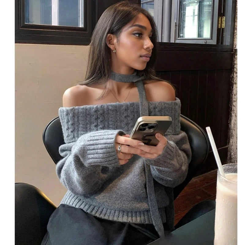 Loose Fit Off-Shoulder Sweater in Solid Grey – Fall's Must-Have Layer