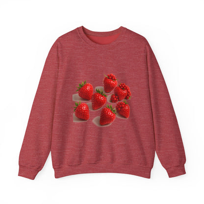 Man in bold red pullover with strawberry graphic – unisex fall outfit idea


