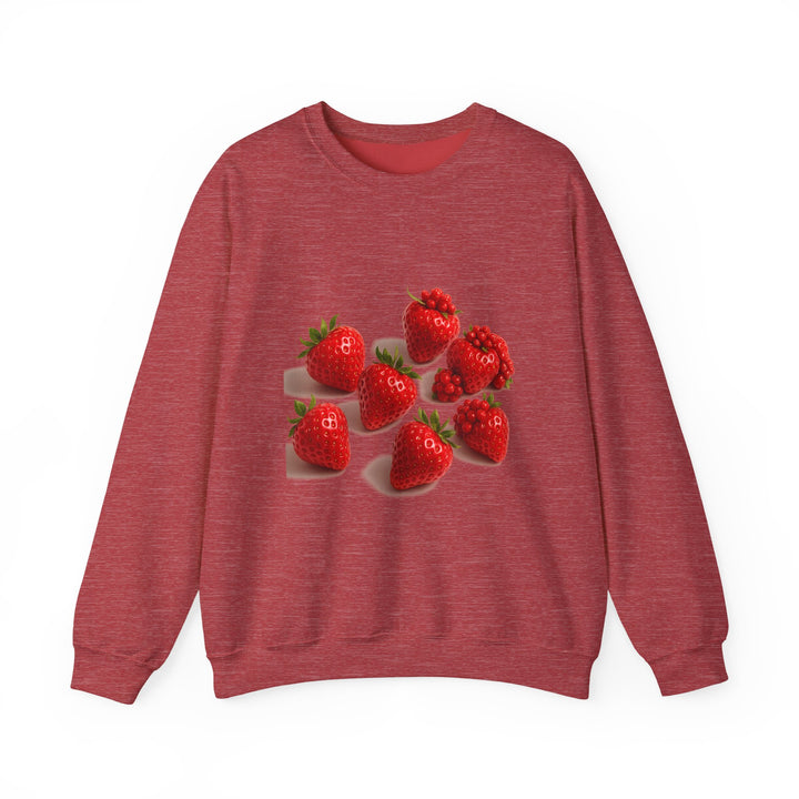Man in bold red pullover with strawberry graphic – unisex fall outfit idea

