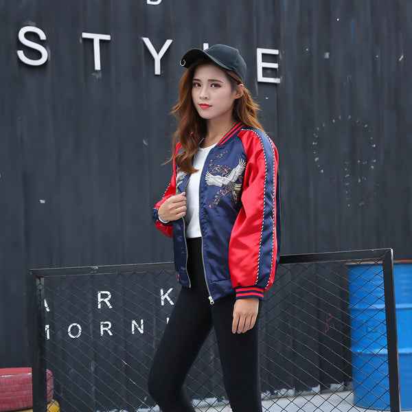 Crane Embroidery Baseball Jacket – Warm Urban Couple Style