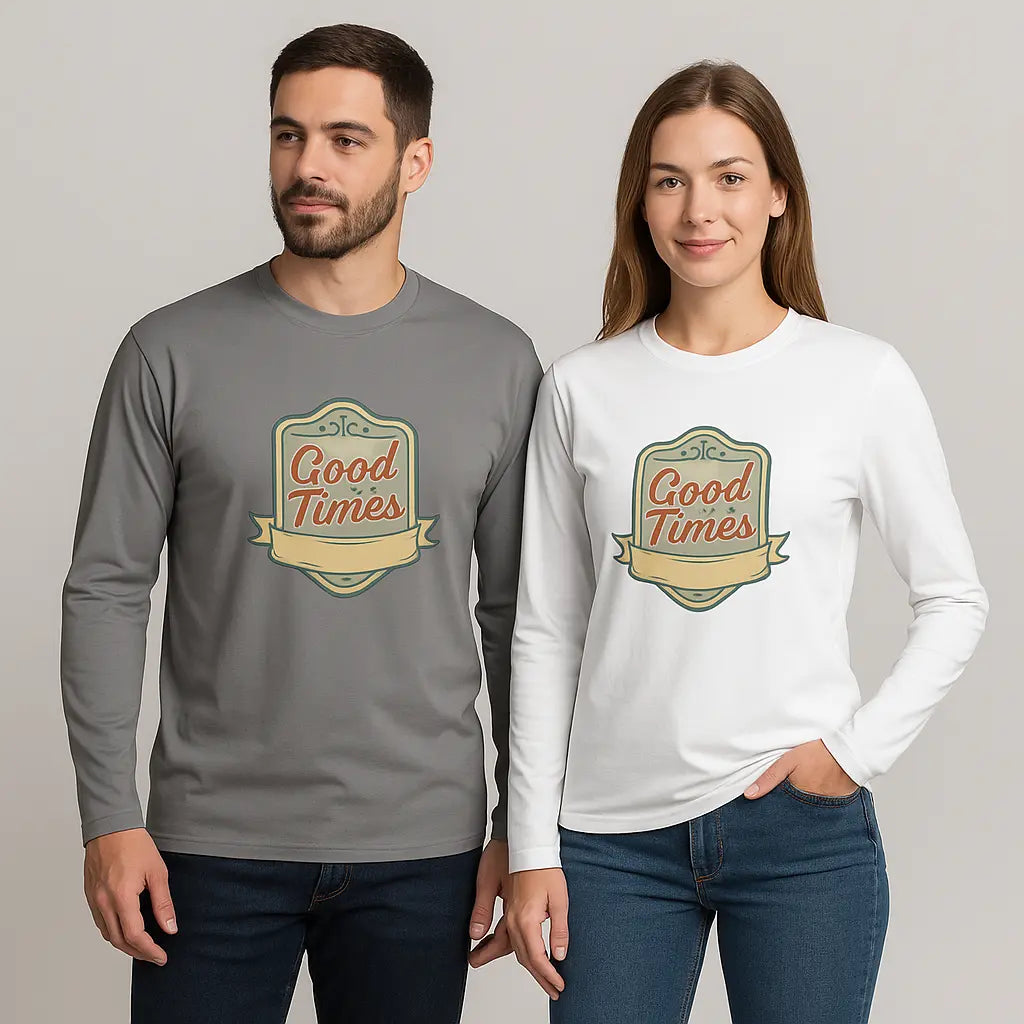 Matching couple outfits with retro graphic long sleeve shirts

