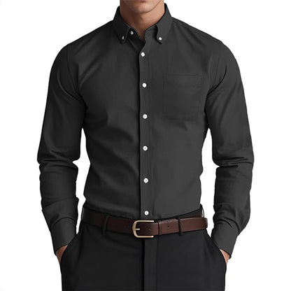Men's Solid Color Casual Oxford Shirt in Black - Loose Cardigan Design for Modern Men