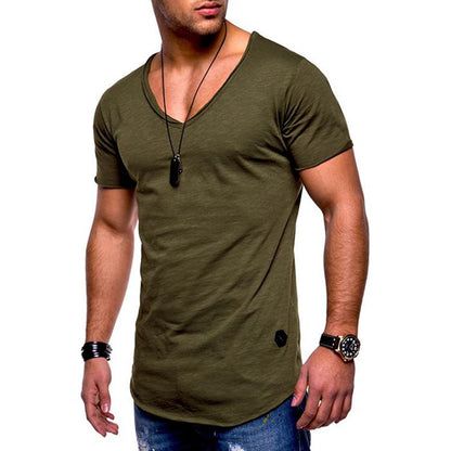 Men’s V-neck Short-sleeved Youth Shirt – Flat lay of all colors (white, black, navy, orange, burgundy, light gray, dark gray, military green, blue) in S–5XL slim fit