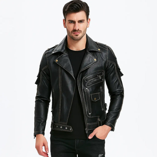 Men’s faux leather jacket in black with multi-pocket biker design, front zip and belt, studio lighting