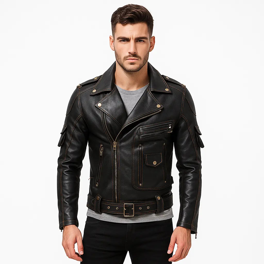 Men’s faux leather jacket with contrast stitching and cargo pockets, model front view