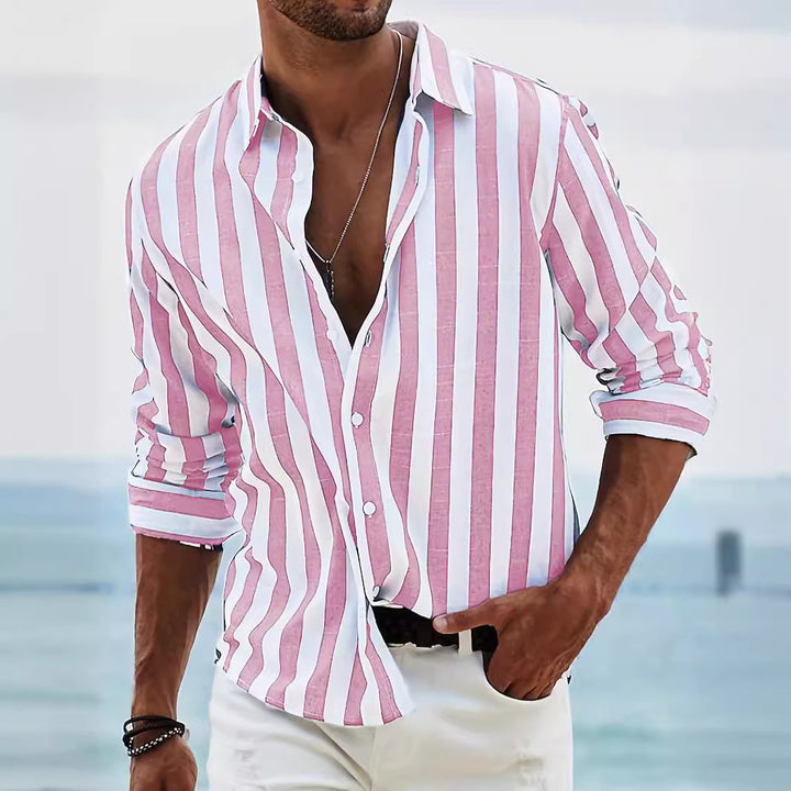 Men’s yarn-dyed striped shirt – HD-CS05 red layered over tee