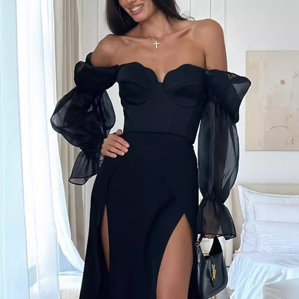 Mid-Length Sexy Mesh Dress: Off-Shoulder Slit for Commute Chic – Shop XS-XL