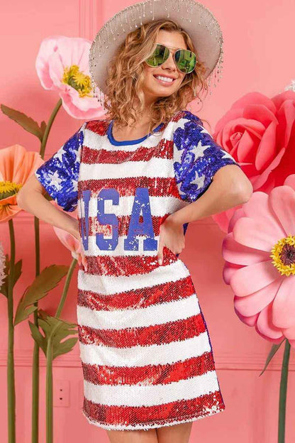 USA Flag Sequin Dress - Patriotic Sparkle for July 4th