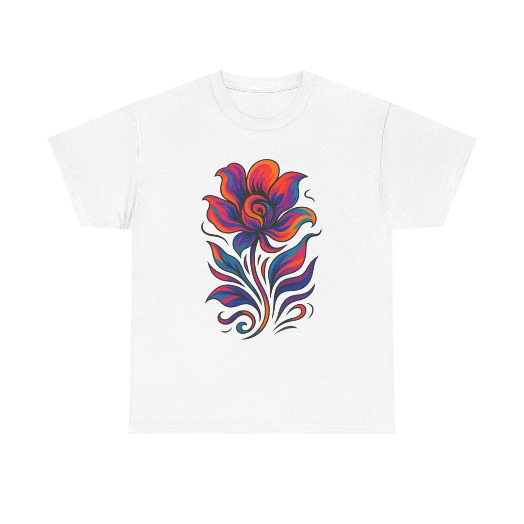 White cotton tee with vibrant artistic floral design