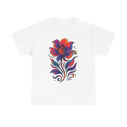 White cotton tee with vibrant artistic floral design