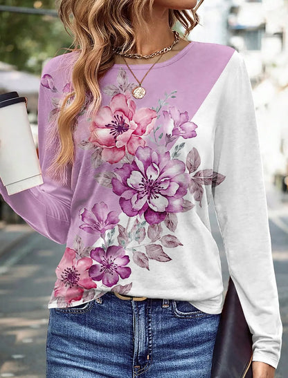 Model in Cozy Floral Butterfly 3D Print Long Sleeve T-Shirt Layered Under Jacket