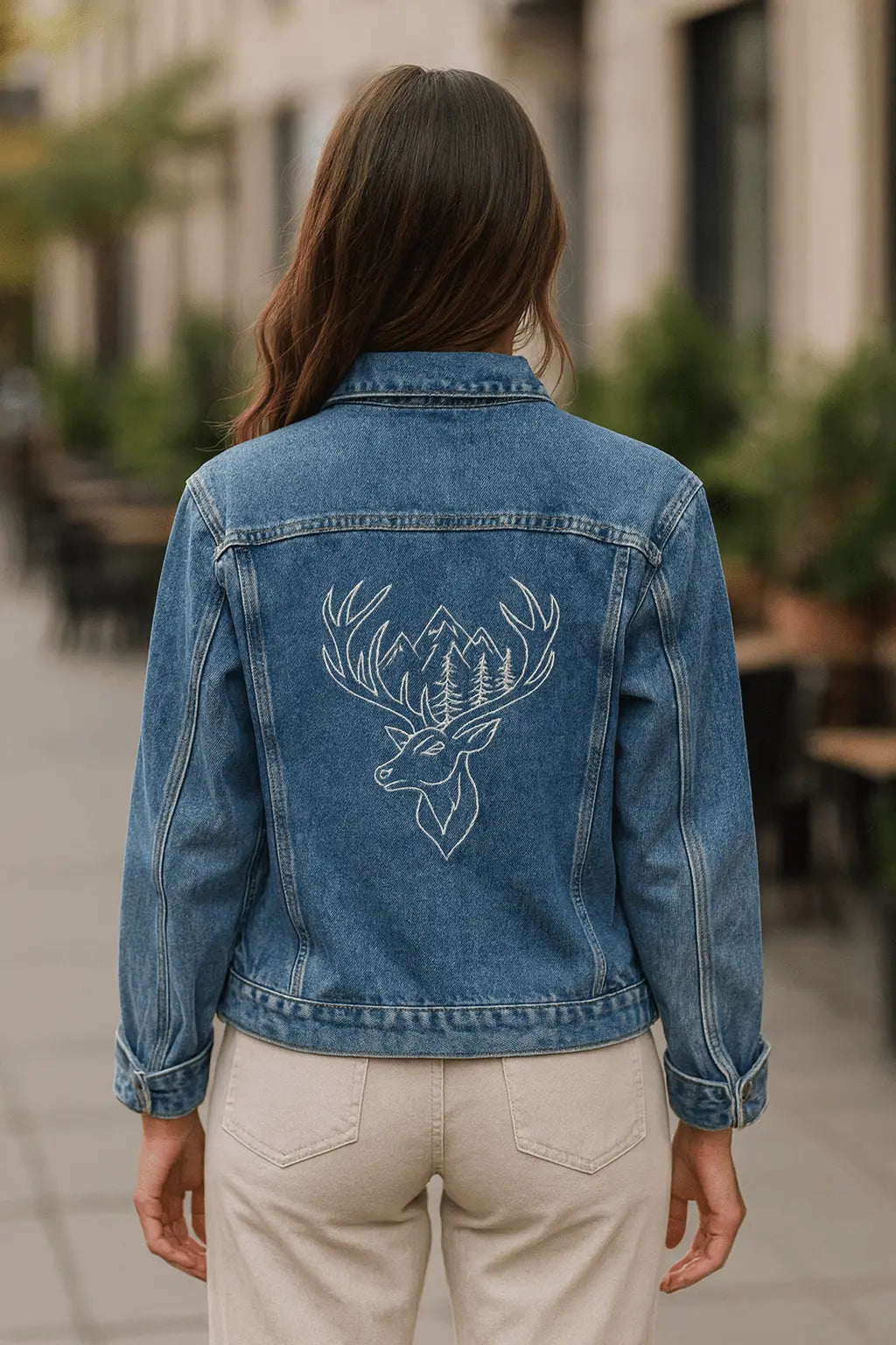 Model pairing Women’s Denim Jacket with floral dress

