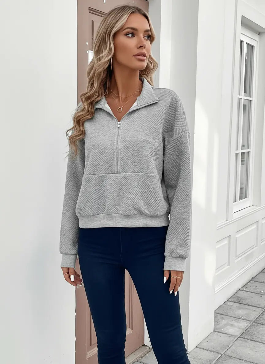 Textured Half Zip Long Sleeve Women's Sweatshirt