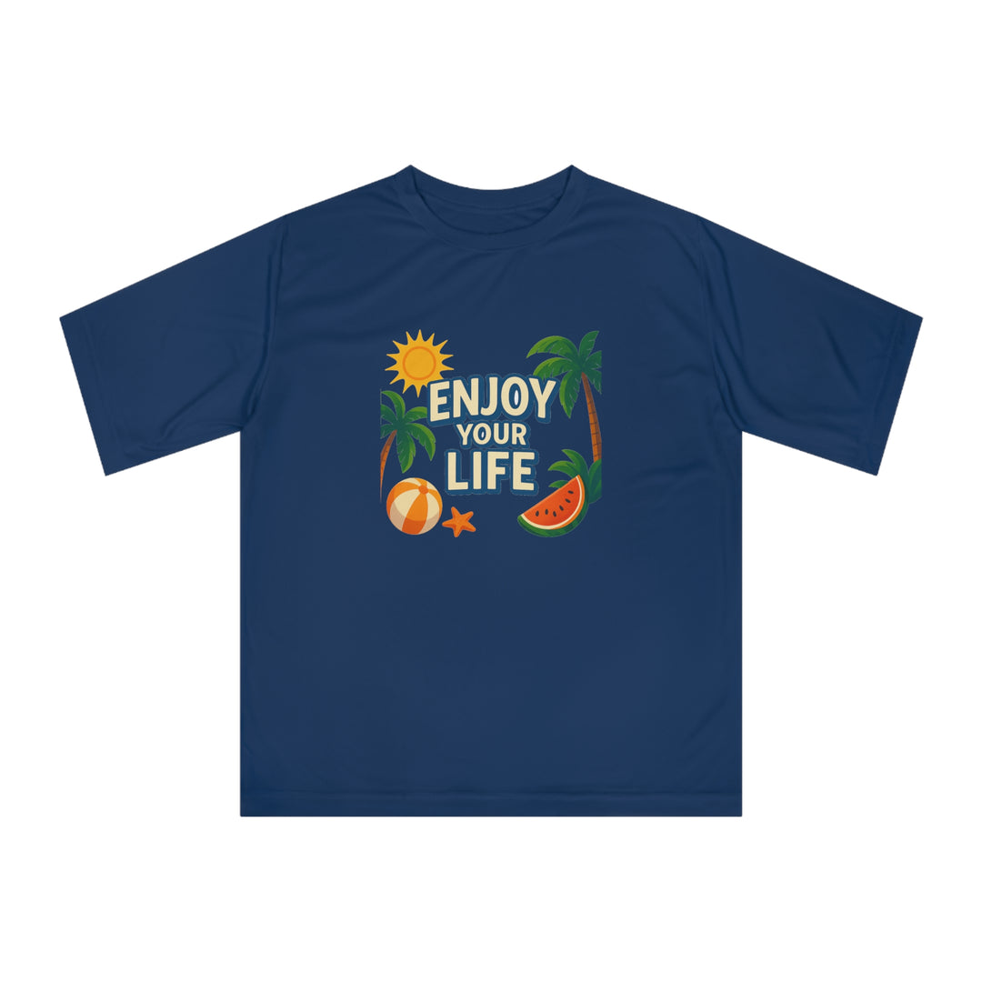 Model wearing vibrant unisex tropical shirt on a sunny boardwalk

