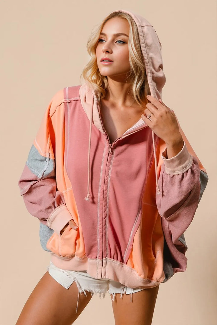 Women Zip Up Hoodie - Color Block Full Size Casual Look
