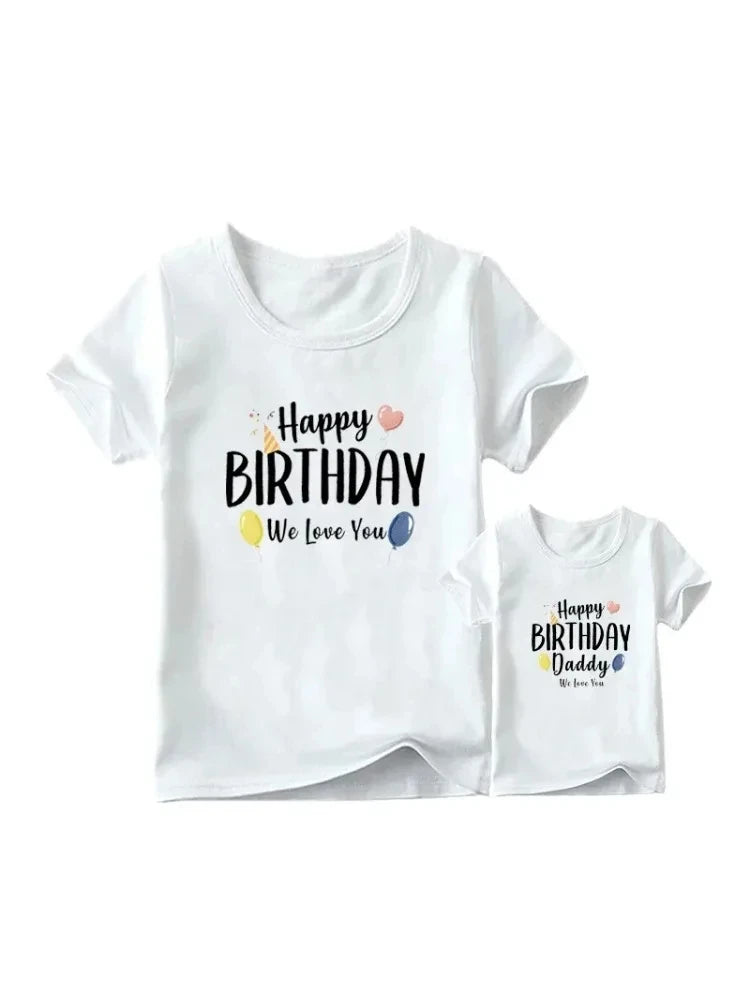 Mom &amp; kid wearing Happy Birthday Daddy shirt – coordinated party style