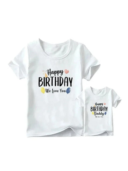 Mom & kid wearing Happy Birthday Daddy shirt – coordinated party style