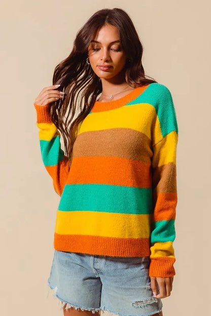 Multi color stripe sweater with jeans – everyday casual outfit idea