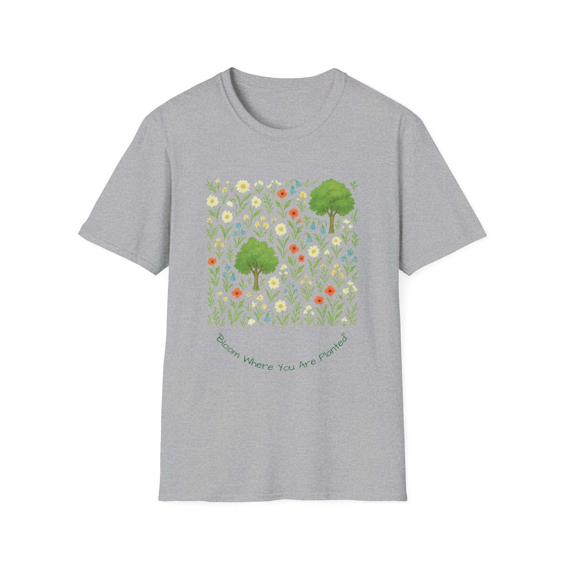Grey unisex t-shirt with floral and tree print