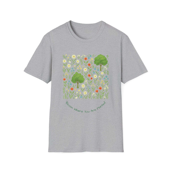 Grey unisex t-shirt with floral and tree print