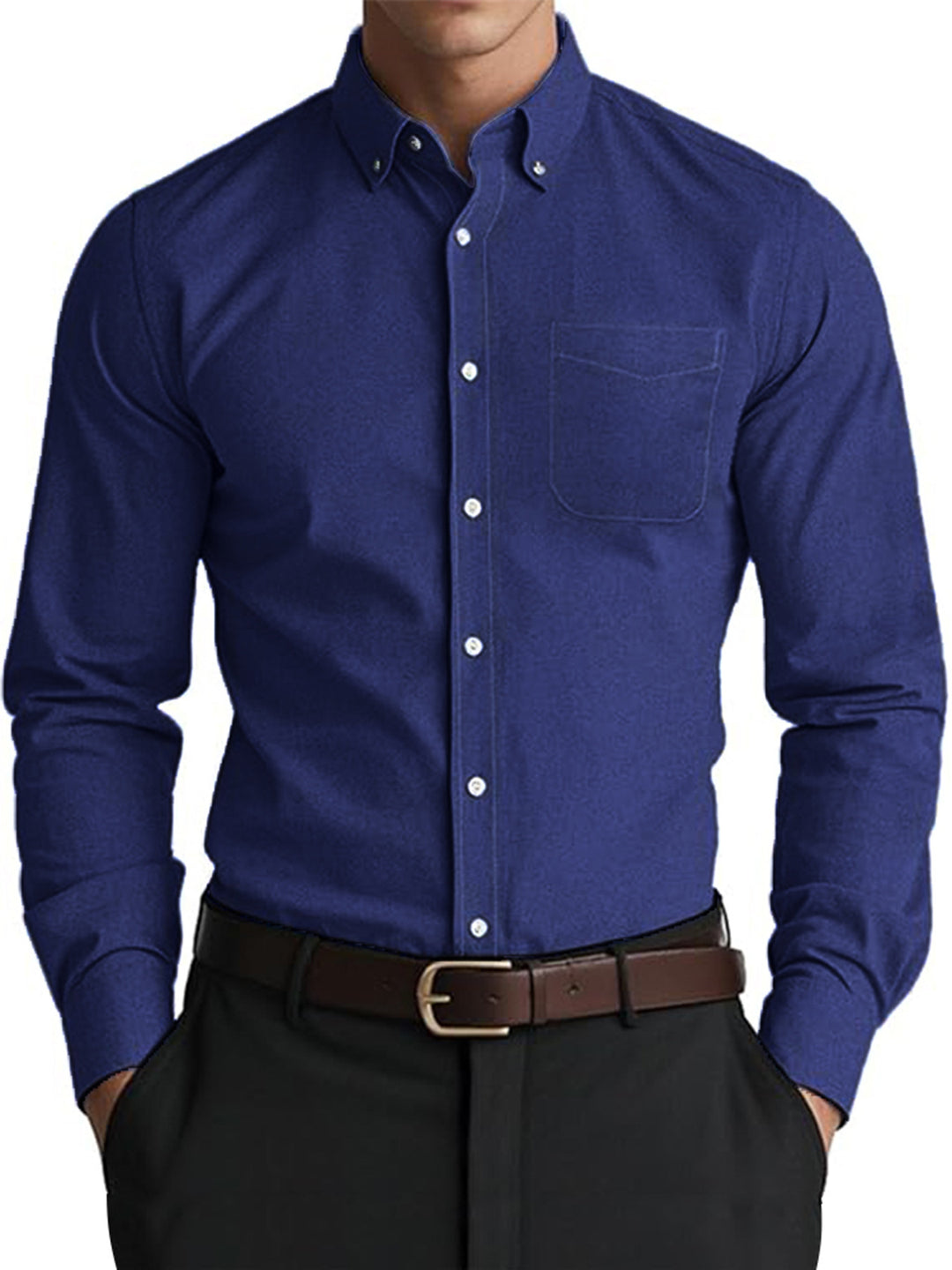 Navy Loose Fit Casual Oxford Shirt - Pure Color Men&