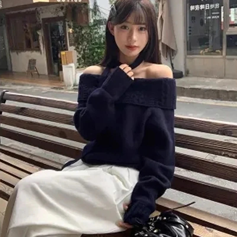 Navy Off-Shoulder Jumper: Knit Perfection for Modern Fall Outfits