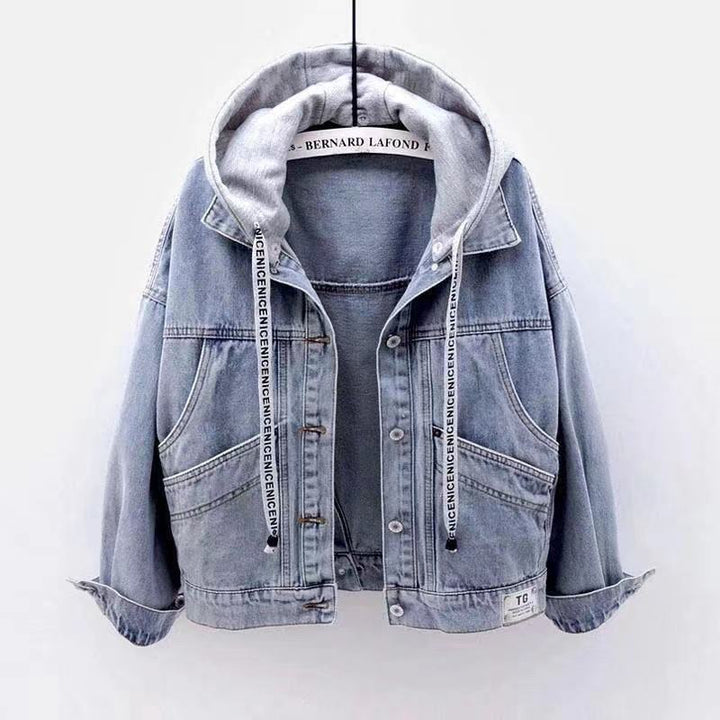 Supplier front reference photo currently linked to the no-hood option; the pictured denim jacket visibly has a full grey hood