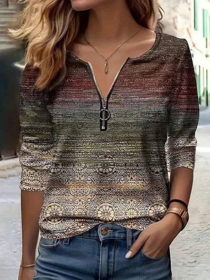 Striped Half Zipper Top for Women  Casual Loose Pullover