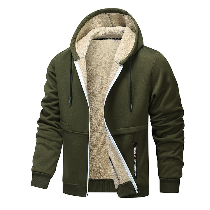 Long sleeve hooded cardigan for men with fleece-lined thickness and zip decoration in a product view online style view daily.