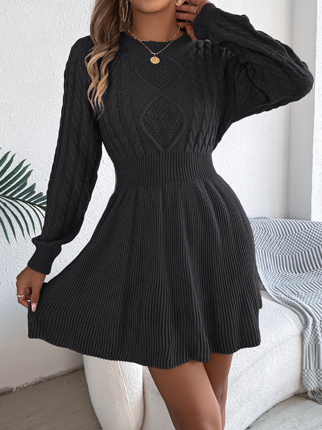 Long Sleeve Sweater Dress with Twist Waist A-Line Shape