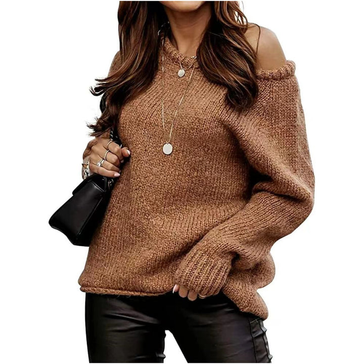 Caramel long sleeve knit sweater shown on a model, with original details, preserved as a reference from the supplier gallery.