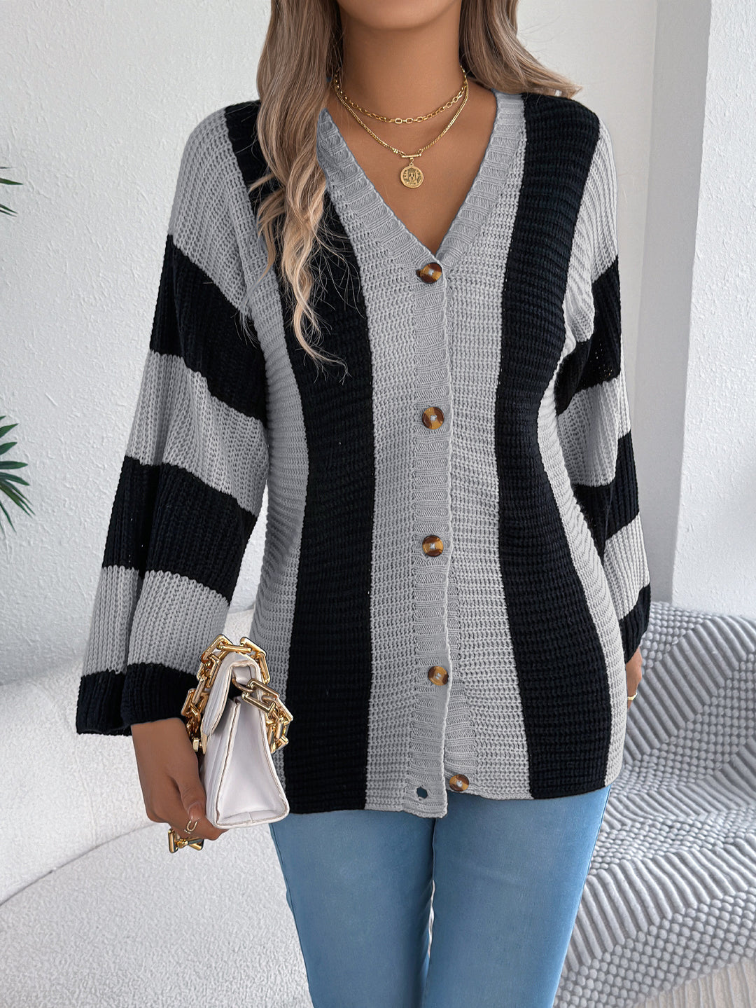 Striped Cardigan for Women with Bell Sleeves Mid-Length