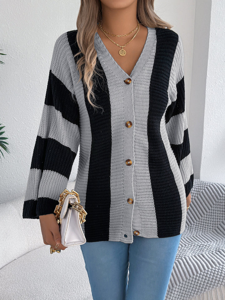 Striped Cardigan for Women with Bell Sleeves Mid-Length