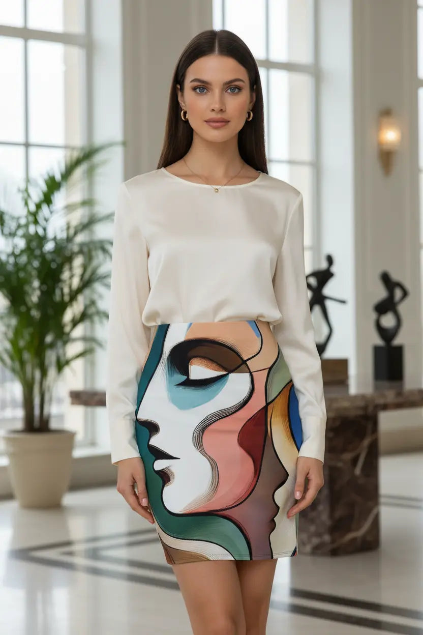 artistic pencil skirt with elastic waistband colorful abstract design

