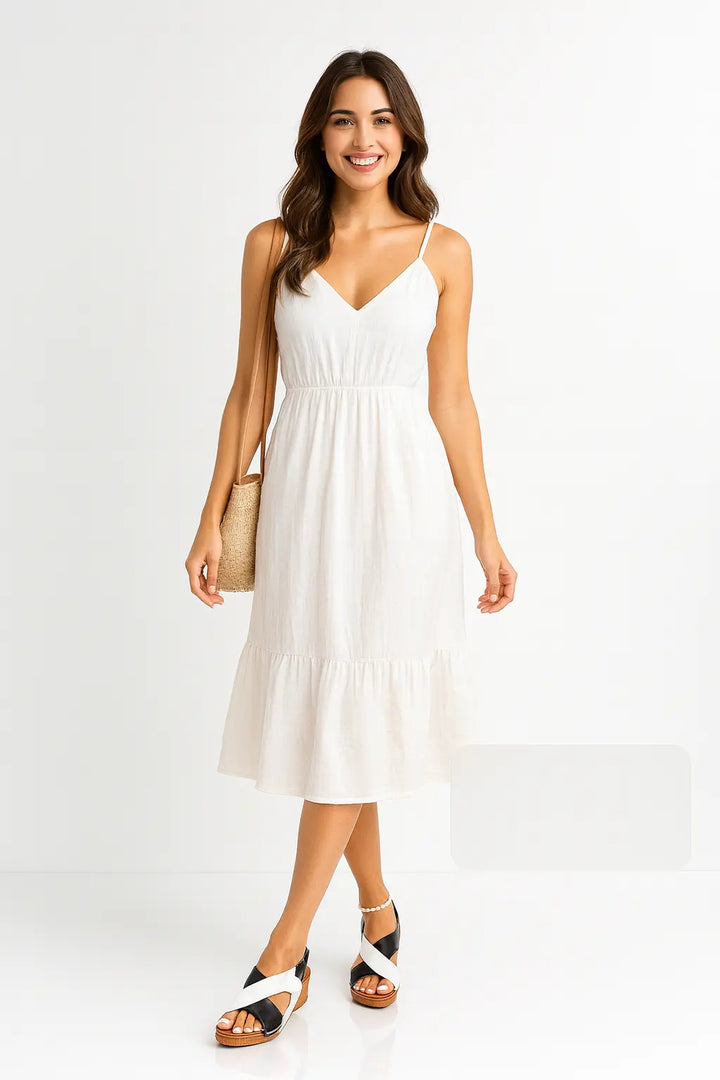 On-model in sundress wearing colorblock wedge sandals – cushioned platform, Velcro strap