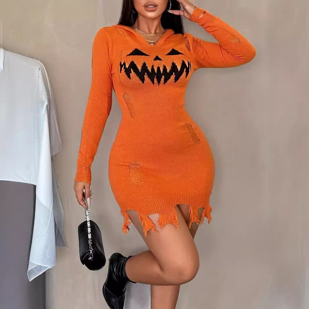Orange Street Fashion Halloween Tight Dress: Hooded Neckline Commands Attention on Any Scene