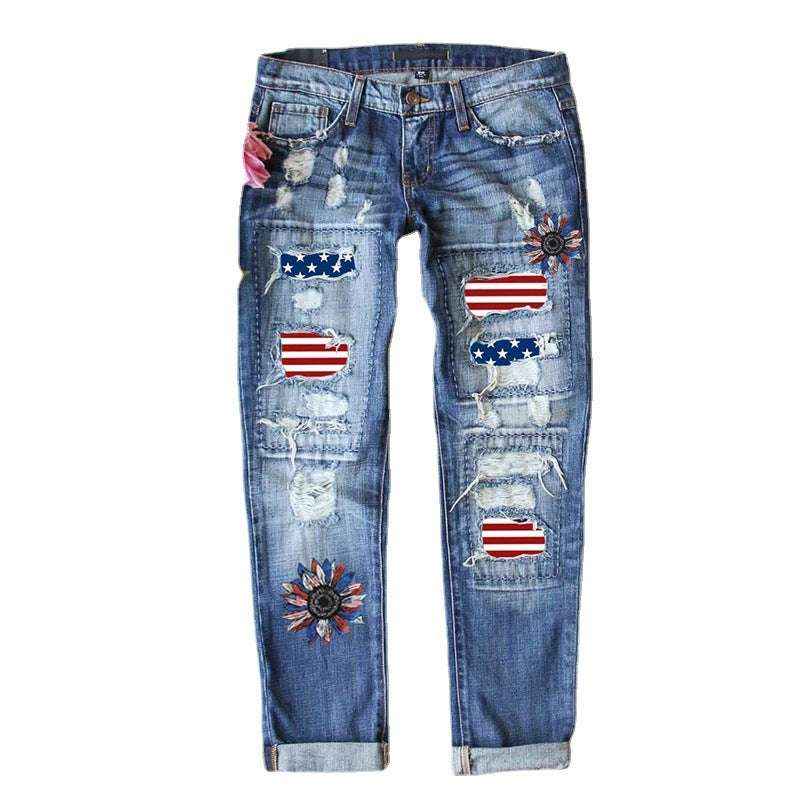 Flag Denim Ripped Trousers - Celebrate in Patriotic Style